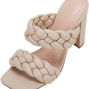Braided Block Heel Sandals Cream Nude Woven Double Strap Slide Size 8